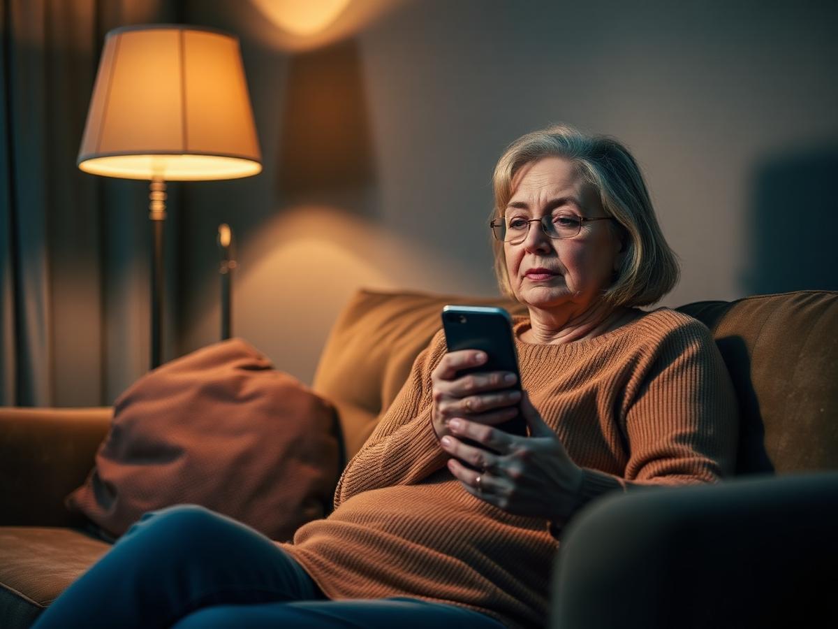 A caregiver on the couch at night using her phone for support