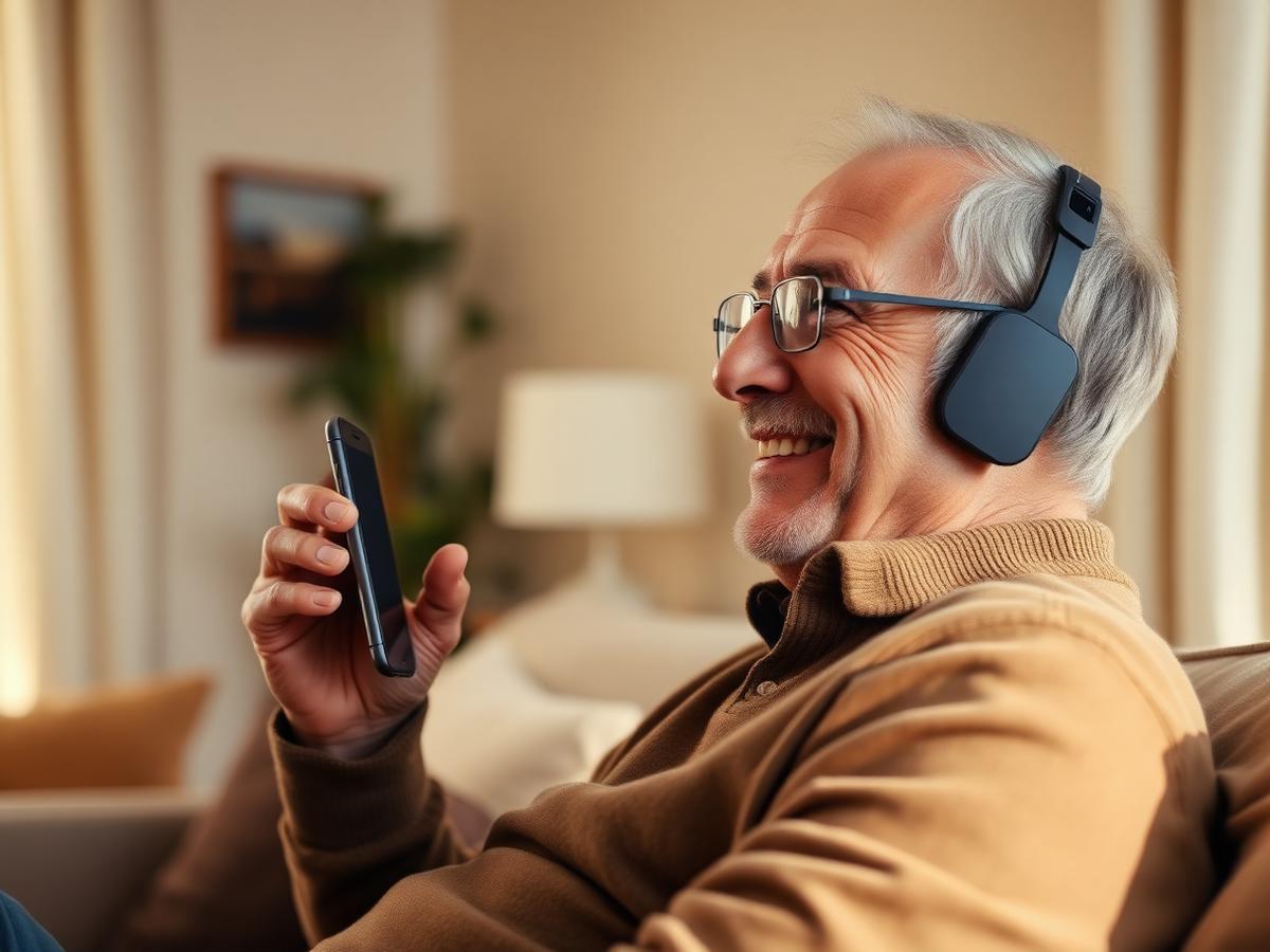 An older man smiling while speaking with a voice assistant on his phone
